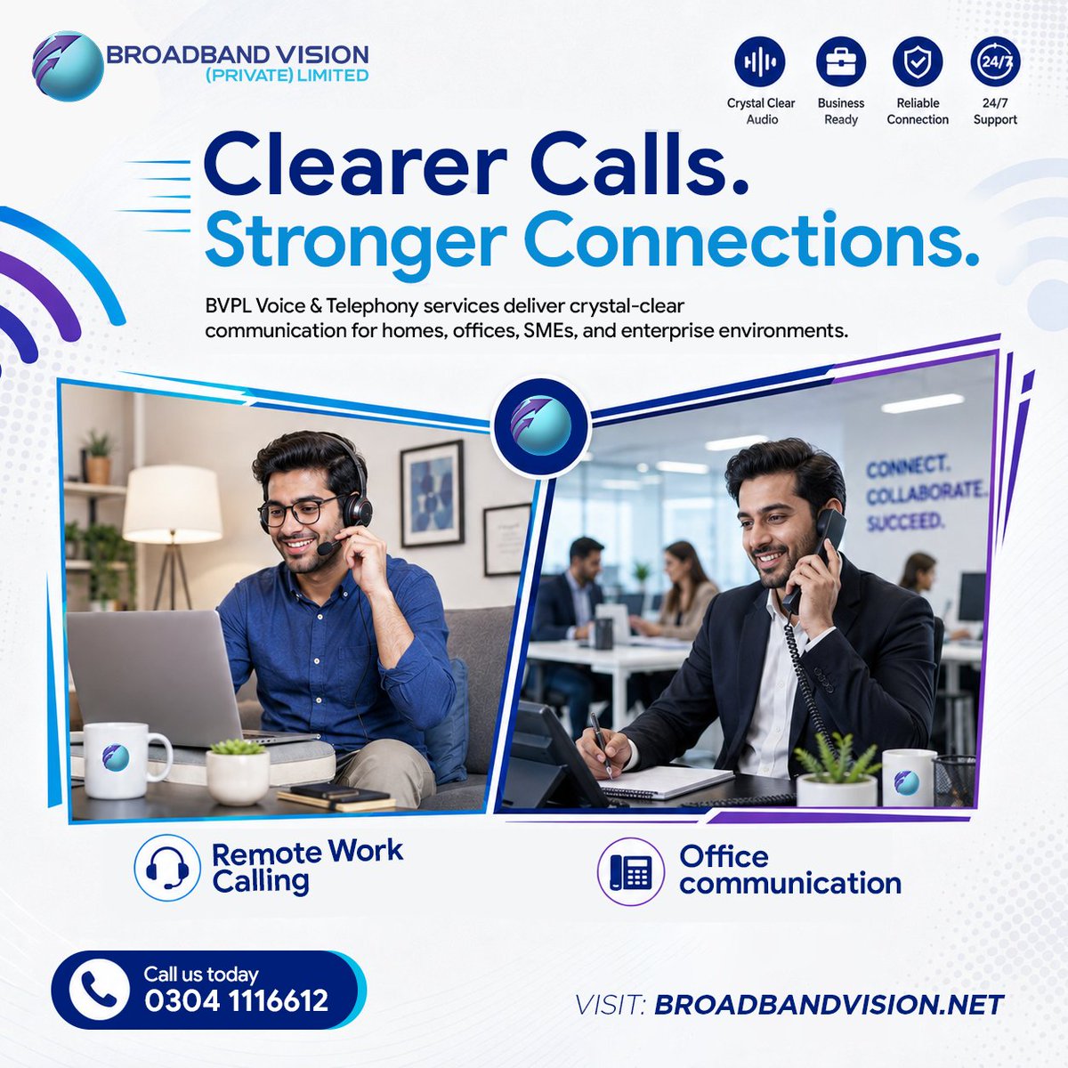 BVPL_Pk's tweet photo. Clear communication matters for every home, office, and growing business. 
BVPL Voice &amp; Telephony services use fiber powered connectivity to support reliable, clearer, and more consistent calling experiences across digital environments. 

#VoiceTelephony #BroadbandVision #BVPL https://t.co/mYZLvvSJlu