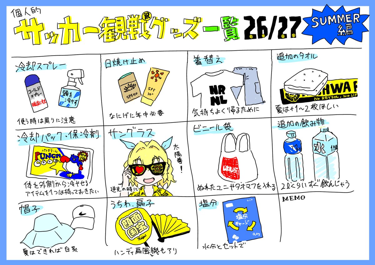 reysol_yamainu's tweet photo. 個人的サッカー観戦グッズ一覧 2026-27シーズン版

ちばぎんカップで命の危険を感じたので更新
万全に備えたうえで、それでもヤバい時は早めに体を休める、涼しい場所に避難する等の自衛をしましょう。 https://t.co/gSBFxcL6jl