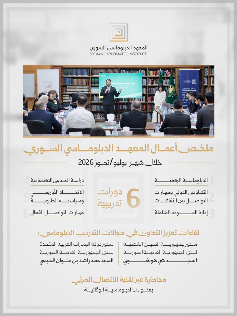 SYDiplolnst's tweet photo. ملخص أعمال المعهد الدبلوماسي السوري خلال شهر يوليو/تموز 2026 https://t.co/sjreGW0oXs