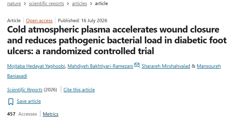 isrmwr's tweet photo. Cold atmospheric plasma for DFUs: open-label RCT. CAP significantly accelerated wound contraction (1.21 vs 0.79 cm/day) and reduced bacterial load (32.8% vs 10.0%). Broad-spectrum against 4 key pathogens. A promising non-antibiotic adjunctive therapy. #ISRMRW #DFU #WoundCare https://t.co/Dcti9lHQjp