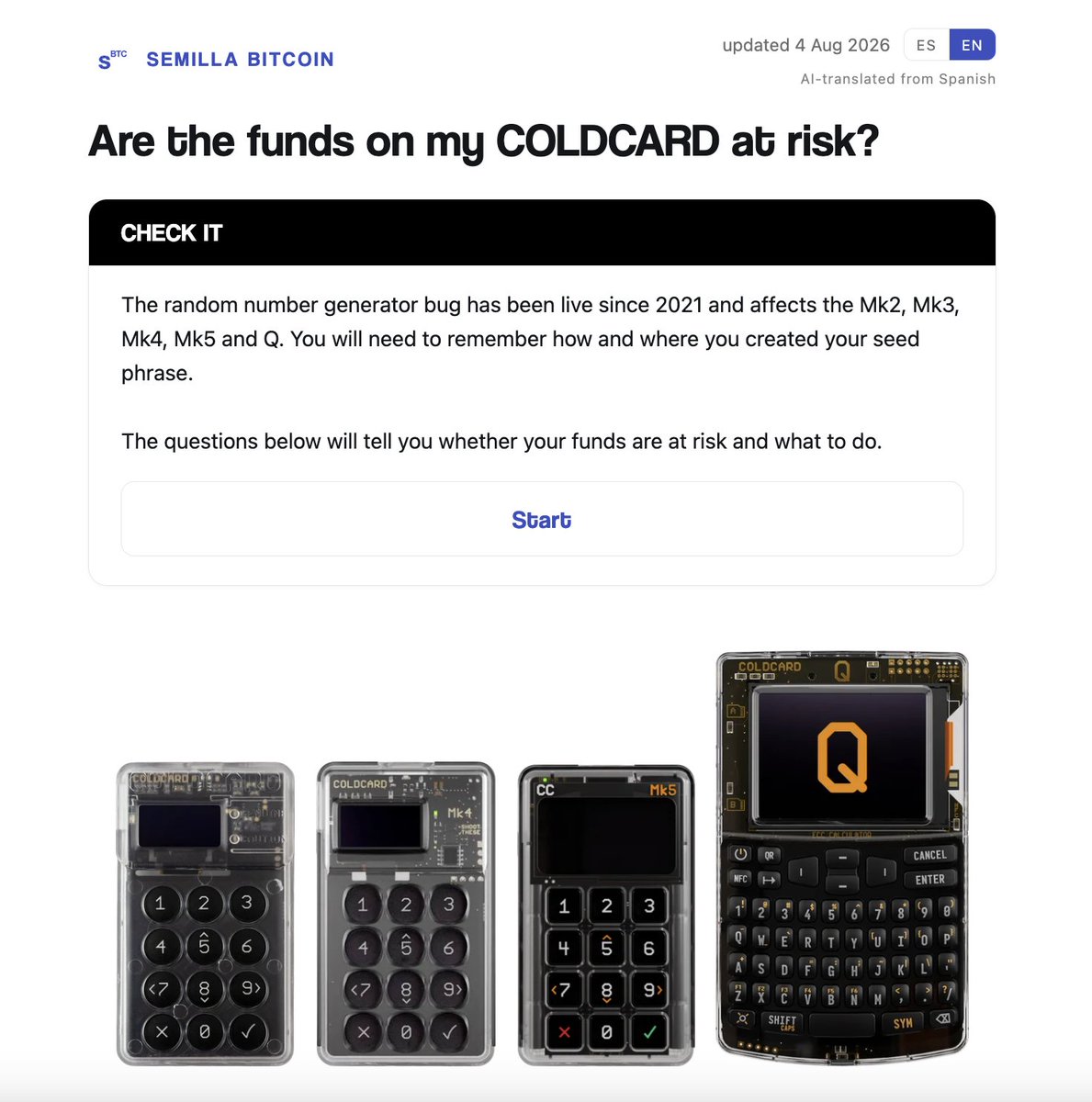 lunaticoin's tweet photo. Are your @COLDCARDwallet funds at risk?
We built a decision tree to find out: a few questions about how and where you created your seed, and it tells you exactly where you stand and what to do.

Some cases need action today 🔴

Check here:
https://t.co/sWN8RTyZQp https://t.co/Hqnw1eVSFU