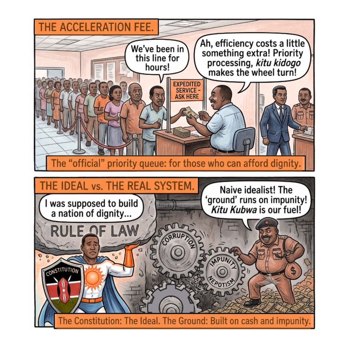 TISAKenya's tweet photo. You walk into a county office at 8:00 AM for a simple permit, only to watch staff chat over tea while the line stretches out the door. Two hours later, you finally reach the counter, and the officer lowers their voice: "Hiyo application ita-take time... unless ucheze Kama wewe ."

We’ve all lived this scene. Whether it’s getting a signature at the chief's office, waiting endlessly for emergency care at a public hospital, or getting flagged down at a police checkpoint, the reality kwa ground is broken. You are routinely forced to choose between humiliation and pulling out a bribe , paying kitu kidogo (that’s actually kubwa) just to access basic public services.

When we normalize paying to be treated like human beings, we don't just lose money; we surrender our constitutional rights. Article 10 explicitly binds every public officer to national values and integrity, while Article 28 states that every person has inherent dignity that must be respected and protected. 

Dignity is not a favor granted by a bureaucrat, nor is it something you should have to "facilitate" with cash. By accepting extortion as standard procedure, we reinforce a system that deprives the most vulnerable of their basic rights and turns guaranteed services into paid privileges.

#COK #Katiba #ATI #Corruption