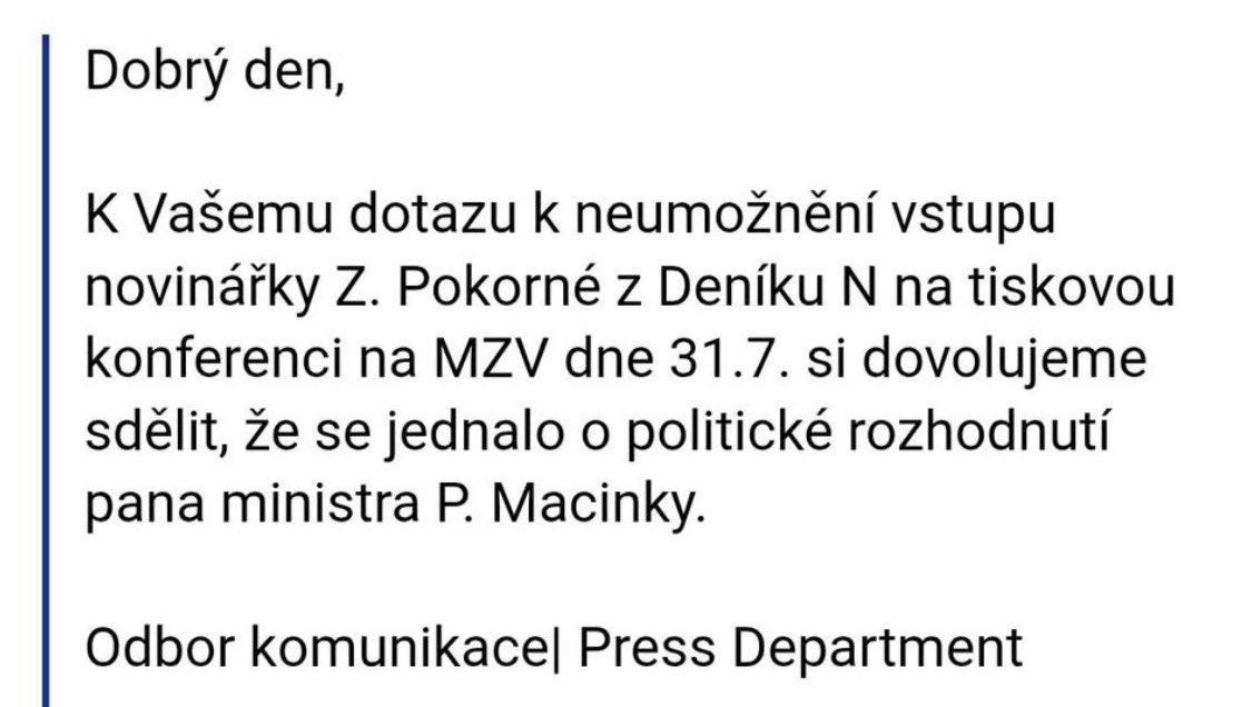 gisat's tweet photo. Samo Ministerstvo zahraničních věcí přiznává, že nevpuštění novinářky Pokorné na tiskovou konferenci bylo politickým rozhodnutím ministra Macinky. https://t.co/wFvtedLTbl