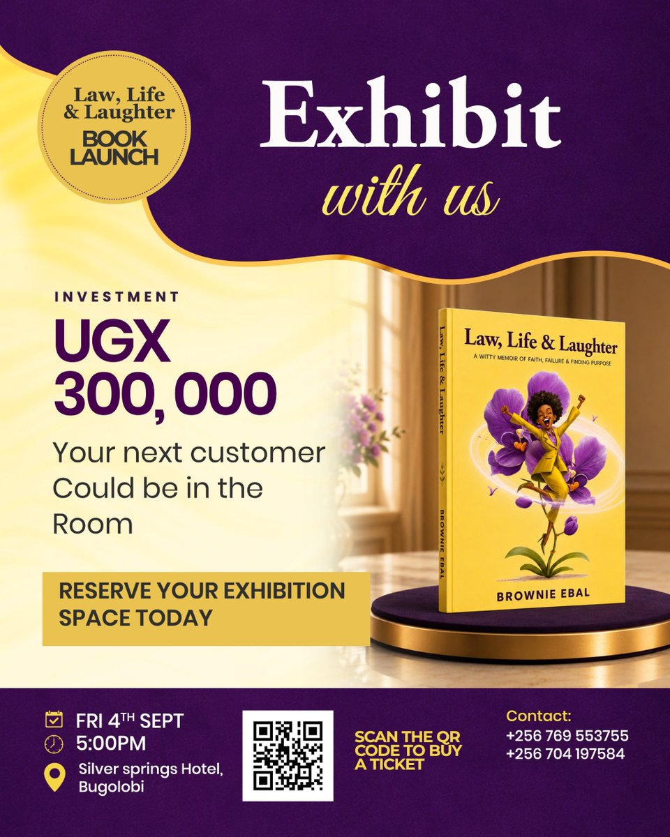 LawLifeLaughter's tweet photo. One event. One audience. Endless opportunities. 
Showcase your business at the Law, Life & Laughter Book Launch and connect with potential customers, partners, and a vibrant community.

📅 Friday, 4th September 2026
🕔 5:00 PM
📍 Silver Springs Hotel, Bugolobi

Exhibition Space: UGX 300,000
Reserve your exhibition space today: https://t.co/Vf1k2EedYF⁠