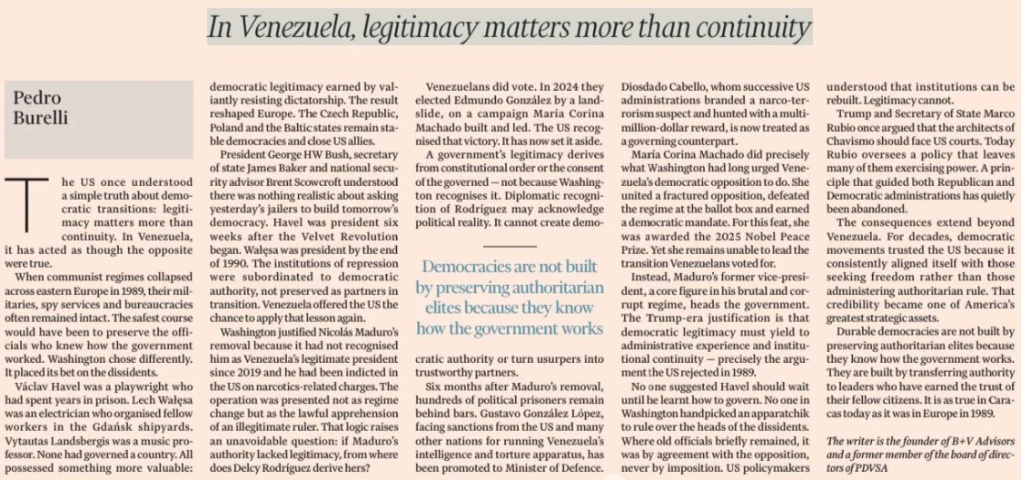 pburelli's tweet photo. OpEd by Pedro Burelli @pburelli for the @FT

In Venezuela, legitimacy matters more than continuity

Washington has forgotten the lessons of 1989, when the US backed democratic dissidents over ancien regime insiders

Read more ⬇️ https://t.co/DDeAYf9ixP