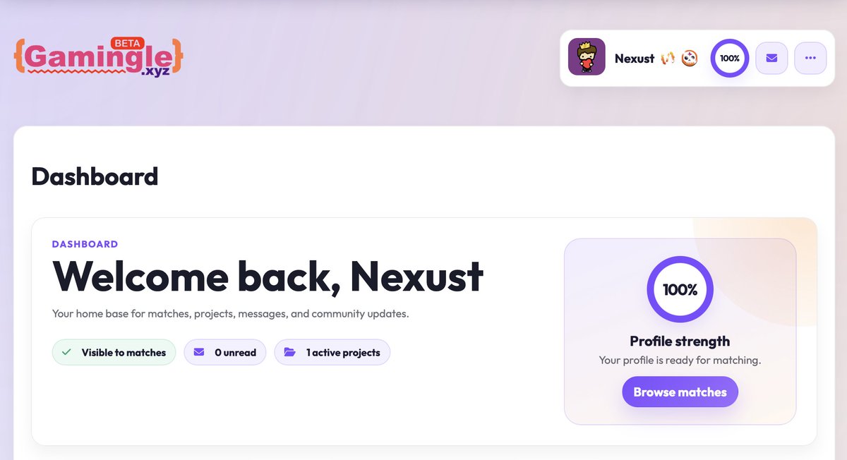 GamingleXYZ's tweet photo. https://t.co/yBuaxdo80i has had some updates this week! We're committed to making this the best place to find friends to game jam and collaborate with 🤝 https://t.co/O1YkWa65ai