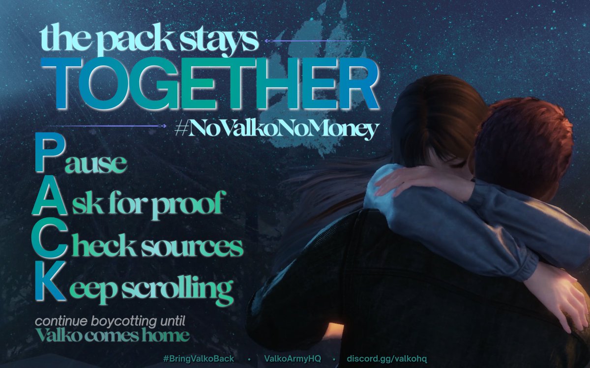 MischiefSwan's tweet photo. STOP AND THINK!!

Let's address a few things:

1. The supposed "customer service screenshots" on the CN media posts, the ones claiming "Valko is canceled and no new LIs are coming".

- Those were what was said right after Valko was canceled. More recently, if you recall, many of us were getting more neutral/slightly positive CS messages. The ones being shown on CN media today are likely old screenshots, doctored, or are from a bot/rep with old information. 
(And even IF they were real, which I'd bet against, it changes nothing... we are in the middle of a boycott, they can still change their tune.)

2. Infold or Antis or whoever paying to boost these negative articles and postings...

- It really doesn't matter who did it. It doesn't change the campaign/boycott and is just a distraction. 
Media changes daily in trends and sweeps anyway... we had positive trends over on CN socials just a few days ago (paid for or not is irrelevant). Tomorrow can swing positive again. 

3. Tags being used  manipulatively and politically.

- The "Infold ruins CN games" is a touchy topic and people have mixed feelings on it. 
I would like to point out that ANY tag we use can be twisted, and we've seen that whole thing before with the "Bring back Valko" one... remember they somehow twisted it to mean he should "go home to the woods"? 
I'm still neutral on the CN-gaming one. There is truth to it as it has hurt people's perceptions, but there are also more positive ones to use, and I'd rather lean positive. 
Just remember any tag can be twisted. Use your best judgment.
(And it goes both ways, we proudly took back the "recycled" one by making it a whole positive thing.)
-----------------------

So please stop and think! 

Nothing is "doomsday".

Look at what WE have experienced, what WE know, and don't let rumors divide and stress us. If we just keep doing what we are doing despite ANY rumor or negative article, we can succeed with persistence.
#NoValkoNoMoney #ValkoIsValuable #ValkoIsLoved