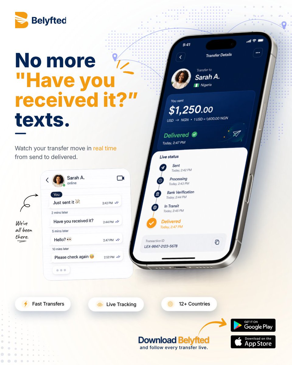 BelyftedFinance's tweet photo. Be honest. how many times have you asked, *"Has it landed yet?"* 😅

You shouldn't have to chase updates after sending money abroad.

With Belyfted, live transfer tracking keeps you in the loop from start to finish.

Download the Belyfted app today and send money with confidence. https://t.co/6zdUqLHLkD