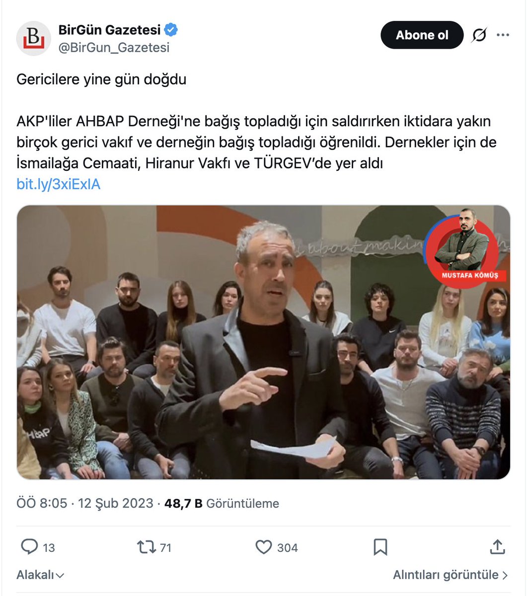 Abese_irca's tweet photo. Mesela bu çok ilginç bir haber değil mi? BirGün Gazetesi, Haluk Levent'in harcamaların nereye yapıldığına dair belgeleri açıklayamadığı bu yayının ardından AHBAP'ı eleştirmek ve sorgulamak yerine her şeyi kuralına göre yapan İslami vakıfları hedef göstermiş. https://t.co/YMWEi3KhfF