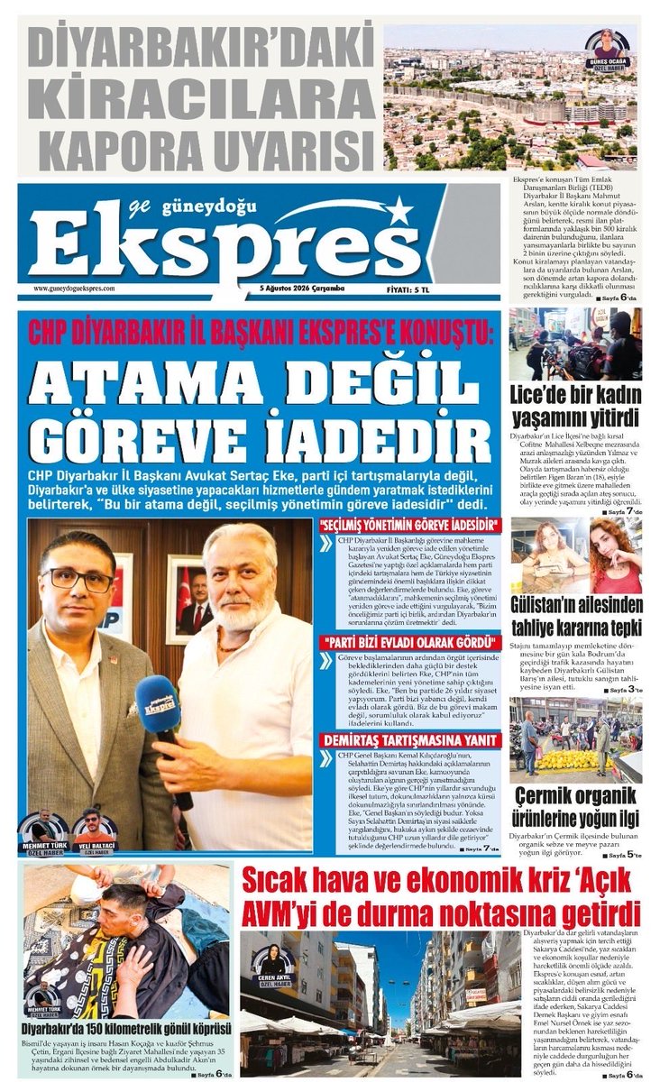sertacekechp's tweet photo. Bugün Güneydoğu Ekspres Gazetesi’nde yer alan röportajımızda, Cumhuriyet Halk Partisi Diyarbakır İl Başkanlığı olarak yaklaşımımızı ve hedeflerimizi kamuoyuyla paylaştık.

Parti içi tartışmalarla değil; Diyarbakır’ın sorunlarına çözüm üreten, halkın beklentilerine kulak veren ve kentimizin geleceği için çalışan bir siyaset anlayışını büyütmeye devam edeceğiz.

Bu süreç bir atama değil, seçilmiş yönetimin görevine iadesidir. Önceliğimiz; birlik, dayanışma ve ortak akılla Diyarbakır’a ve yurttaşlarımıza hizmet etmektir.

Röportajımıza yer vererek sesimizi kamuoyuna ulaştıran Güneydoğu Ekspres Gazetesi’ne teşekkür ediyor, tüm hemşehrilerimizi Diyarbakır için birlikte üretmeye ve birlikte mücadele etmeye davet ediyoruz.