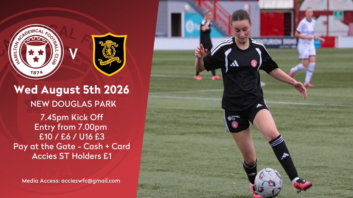 accieswfc's tweet photo. 🇦🇹 Match Day

🆚 @livingstonwfc 
🏆 @SWPL Sky Sports Cup (7.45pm)
🏟️ New Douglas Park 
💷 £10 / £6 / £3 Pay at the Gate 
🇦🇹 @theacciesfc ST Holder £1

Details and @GraceN3971 Preview ⬇️ https://t.co/H115eagbwJ