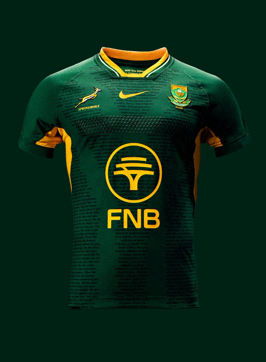 FrontRowRugbyXV's tweet photo. The Springbok jersey our boys will be wearing in the Greatest Rivalry Series against the All Blacks. 

Features the lyrics to our national anthem in the shame of our national flag. 

I quite like it. 

Goes on sale tomorrow. https://t.co/o6YQeciFVO