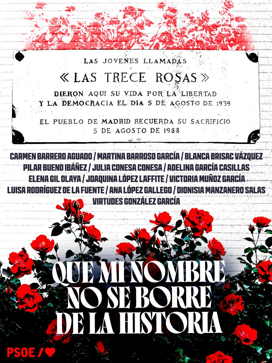 PSOE's tweet photo. Hoy se cumplen 87 años del fusilamiento de las Trece Rosas, trece jóvenes asesinadas en la dictadura franquista por defender una sociedad más justa, igualitaria y en libertad.

Recordarlas es defender la Ley de Memoria Democrática y el compromiso con la verdad, la justicia, la reparación y la no repetición.

🌹Su lucha nunca será en vano. 
🌹Sus nombres nunca se borrarán de la historia.