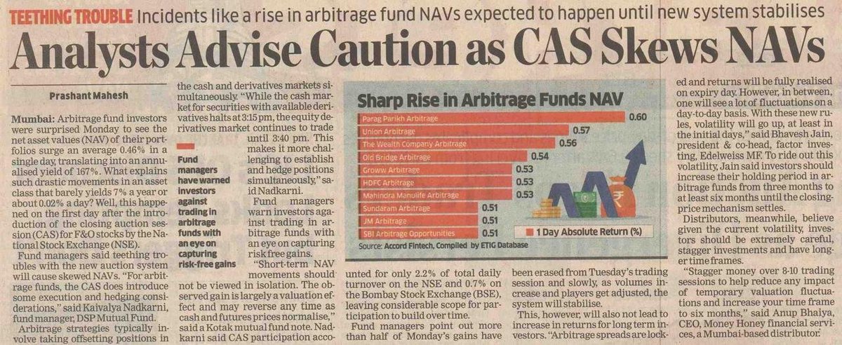 anupbhaiya's tweet photo. A recent change in the NSE’s CAS mechanism has been one of the most discussed topics over the past few days, though many market participants are still uncertain about its near-term impact. Most market experts are advising investors to remain cautious about the sharp NAV spikes seen in arbitrage funds, which are being driven by the new cash-and-derivatives timing system. Under this mechanism, even a small delay between cash and derivatives trades can create temporary NAV gains, with some arbitrage funds posting unusually strong one-day returns. Fund managers believe this is only a short-term teething issue that should settle as the system stabilizes. Investors, therefore, should avoid chasing short-term gains and instead stay patient with longer holding periods and staggered investments, since arbitrage returns are meant to come from risk-free spreads rather than NAV volatility.

Story by @PrashantmET 

Have shared my views as well.