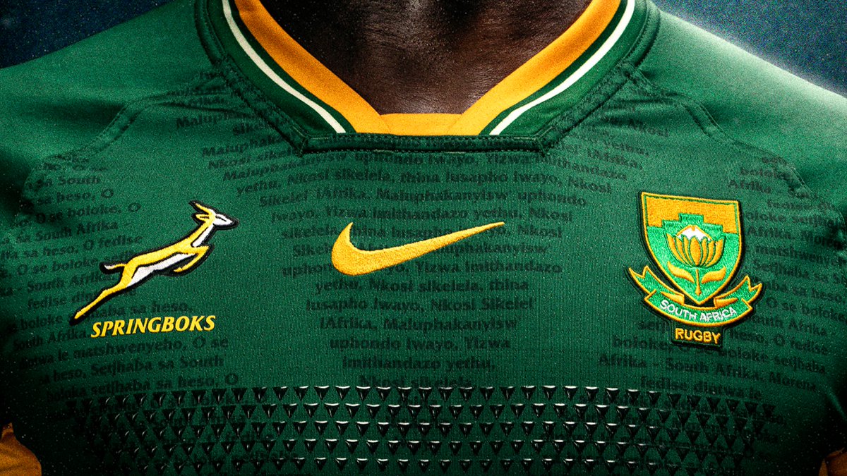 FrontRowRugbyXV's tweet photo. The Springbok jersey our boys will be wearing in the Greatest Rivalry Series against the All Blacks. 

Features the lyrics to our national anthem in the shame of our national flag. 

I quite like it. 

Goes on sale tomorrow. https://t.co/o6YQeciFVO