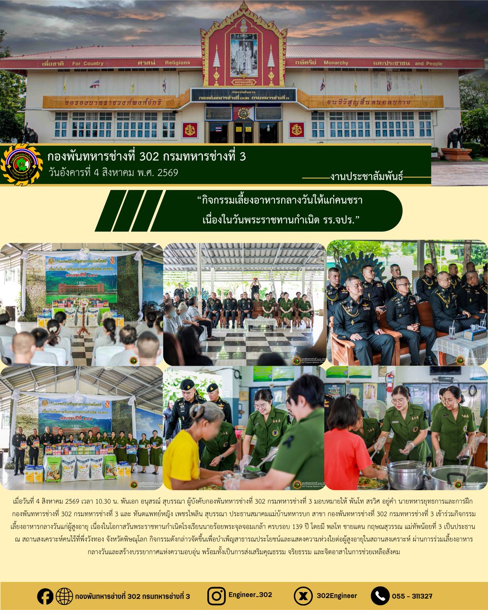302engineer's tweet photo. “กิจกรรมเลี้ยงอาหารกลางวันให้แก่คนชรา เนื่องในวันพระราชทานกำเนิด รร.จปร.”
--------------------------------------------------------------------------
#เลี้ยงอาหารกลางวัน
#วันพระราชทานกำเนิด
#กองทัพภาคที่3
#กองพันทหารช่างที่302 https://t.co/HkiUjkFZXM