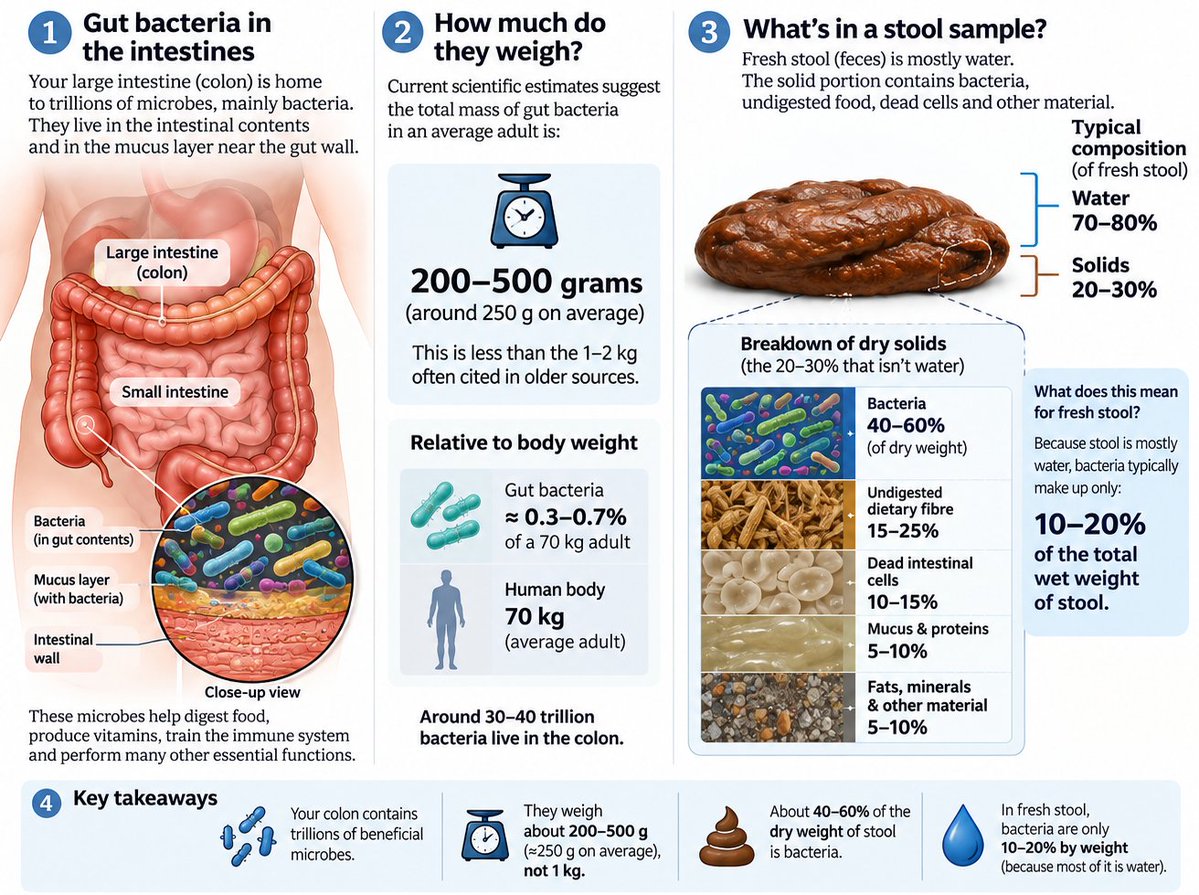 sabhlok's tweet photo. I have got the shock of my life (in terms of new knowledge) through amazing discoveries about the gut microbiome over the past few days. Things are getting much clearer now.

1) Stasha Gominak said that gut bateria are like WATER IN A RIVER. They seem to be static in our intestines but are NOT. They are constantly changing. Bacteria that were there yesterday are no more - they have gone down the colon. In their place are their babies and grand babies (they multiply at an amazing pace) who will consume what we have eaten, and then get pushed out by peristalsis. Each day we PRODUCE 30-40 TRILLION **NEW BACTERIA** IN OUR BODY.

2) The second discovery was the sheer weight of these bacteria. Modern estimates are in the range of 200-500 grams - EQUAL TO OR MORE THAN THE WEIGHT OF THE HUMAN HEART. These bacteria are worth more than their weight in gold. Our body depends on them for almost everything.

3) Dr Will Bulseiwicz said in a YouTube video (https://t.co/wI0rYpG74r) that 60% of the dry weight of our stools is from **ACTUAL BACTERIA**. These ARE YESTERDAY'S micribiome! I've always imagined bacteria in petri dishes: a thin layer at most, never as a MOUNTAIN of them. But here we are: every day we eject a small mountain of bacteria!

To make things clear for the textbook, I asked ChatGPT to make a graphic. (I've found that ChatGPT makes the best graphics among all AI models, and it has excelled again.)

Will Bulseiwicz makes it clear, as well, that antibiotics DECIMATE our gut microbiome: the story of "modern life" is now becoming clear. He shows that a decimated gut microbiome is common among those with Alzheimer's. It seems that almost all chronic diseases are in some way mediated by the gut. 

The gut microbiome is as important as the brain or the heart. We engage with our environment at the visceral, "gut level". This also makes it clear that we CANNOT survive on Mars (without fecal transplants sent over from Earth!) - @elonmusk ought to cancel his plans to live on Mars.

Studying stools is the FINAL FRONTIER OF MEDICAL SCIENCE.