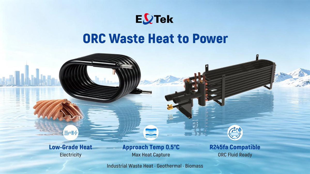 extek301399's tweet photo. Waste heat isn't waste — it's untapped power ⚡
ORC (Organic Rankine Cycle) turns low-grade heat (80-200°C) into electricity 🌍

#ORC #OrganicRankineCycle #WasteHeatRecovery #LowGradeHeat #PowerGeneration #EnergyEfficiency #R245fa #HeatToPower #FallingFilm #Geothermal  #EXTEK https://t.co/L0sV68Pha6