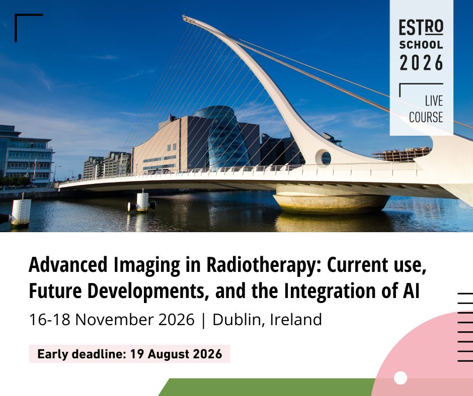 ESTRO_RT's tweet photo. 📸 Advance your imaging expertise in radiotherapy.
Learn the latest in MRI, PET, (CB)CT and AI applications to enhance clinical practice.

📍 Dublin
📅 16–18 Nov 2026
⏰ Early deadline: 19 Aug

🔗 https://t.co/lPIh1d9GAF

#ESTROSchool26 #Radiotherapy https://t.co/5DxoRf0PAc