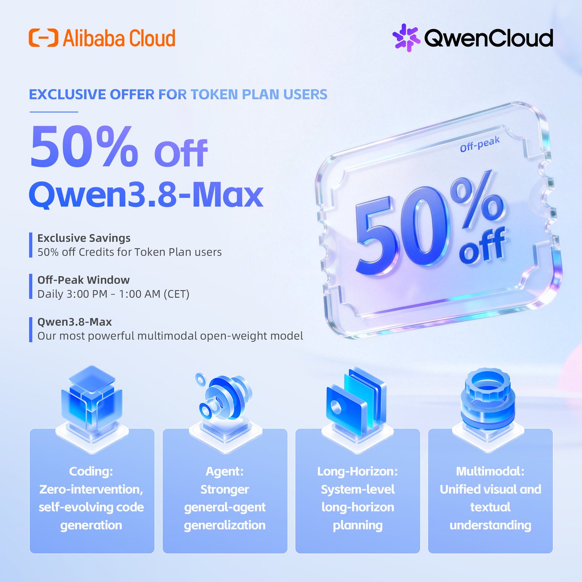 alibaba_cloud's tweet photo. Deploy with one of the world's top-ranked LLMs—now 50% OFF during off-peak hours. 

Why Qwen3.8-Max？
No.3 globally in Coding on Arena
No.2 globally in Text on Arena

Build more. Spend less. Start the API on Alibaba Cloud Model Studio or Qwen Cloud today!