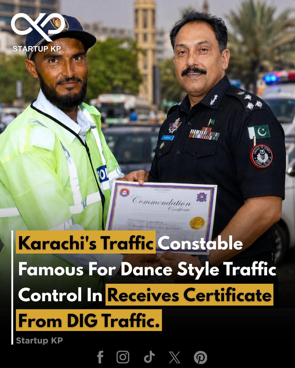 theStartupkp's tweet photo. A Karachi traffic constable, widely recognized for his energetic and unique dance-style traffic management, has been awarded a commendation certificate by the DIG Traffic.

#thestartupkp #TrafficPolice #DIGTraffic #PublicService #Pakistan  #trafficmanagement #lawenforcement https://t.co/ugP6HYUz0s