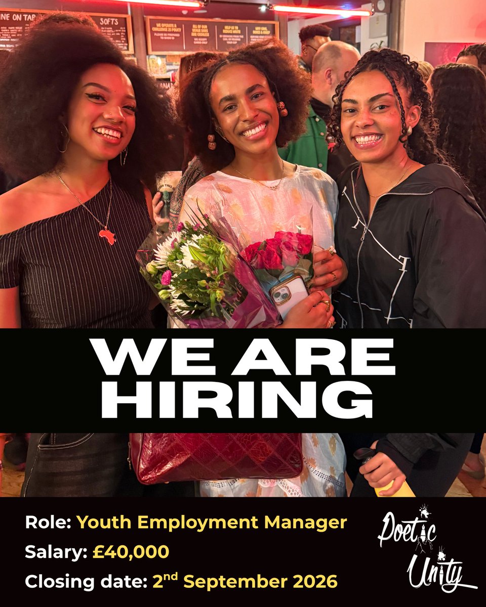 Poetic_Unity's tweet photo. 🚨We are hiring🚨

Our YEM role is an exciting new opportunity to lead on Poetic Unity’s innovative Employment programmes.

📍Location: Brixton 
🕒 Job type: Permanent 
💷 Salary: £40,000 per annum
🗓️ Applications close: 2nd September

Apply here: https://t.co/CG1wek4nlG https://t.co/0HhHNQansA
