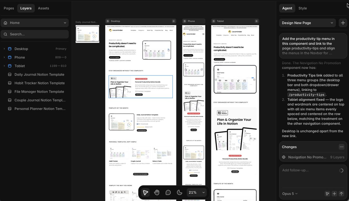 locominder's tweet photo. I've been using @framer AI Agent to make changes to my website.

It's surprisingly good for making small edits and adding new sections to a website.

Tasks that used to take much longer now move much faster.

This feels like one of the best uses of AI inside a website builder. https://t.co/Fmlbe31rE4