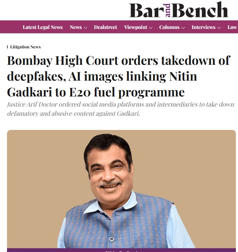 NewsAlgebraIND's tweet photo. A major victory for truth and for Nitin Gadkari.

The Bombay High Court has ordered the removal of deepfakes and AI-generated images aimed at tarnishing his image, dealing a setback to those using AI for misinformation. https://t.co/o5acB02HfD