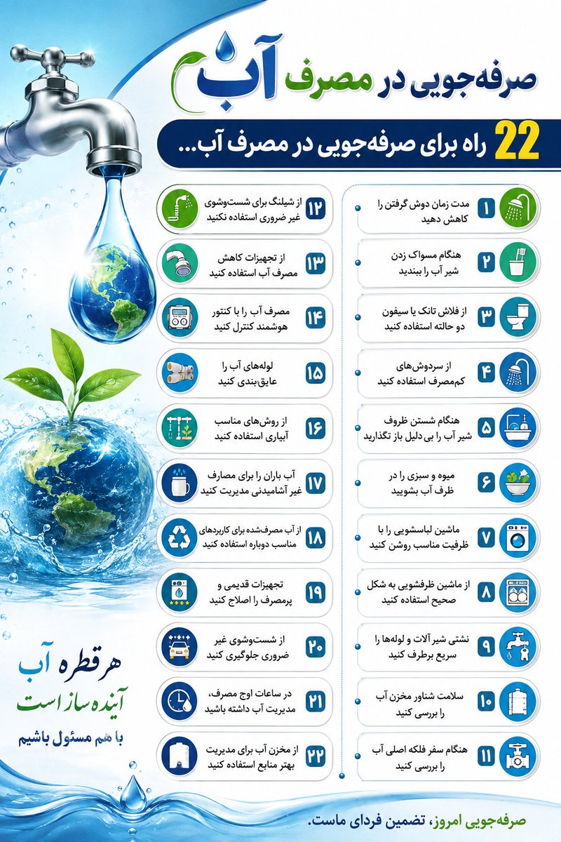 DOKHTARAKEGNOBI's tweet photo. صرفه جویی در مصرف آب💧
۲۲ راه برای صرفه جویی در مصرف آب

هرقطره آب
آینده ساز اشت
باهم مسئول باشیم..
#جهاد_صرفه_جویی https://t.co/KNVvy0Xdre