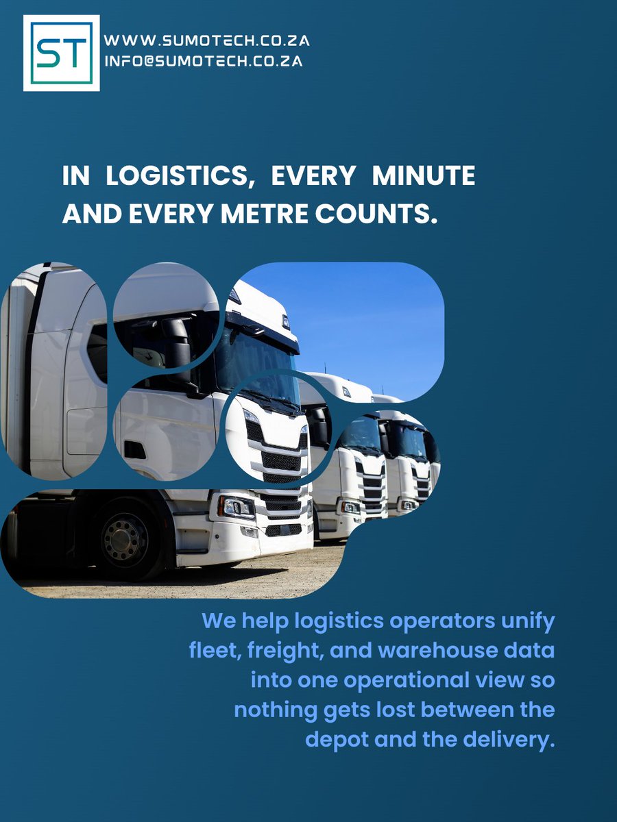 sumotech_sa's tweet photo. 🚚We help logistics operators connect fleet data, freight tracking, and warehouse systems into a single operational view, so nothing gets lost between the depot and the delivery.

That's how we help SA logistics businesses stay ahead.
 
#FreightTracking #SumoTech https://t.co/XxCoarv2b9