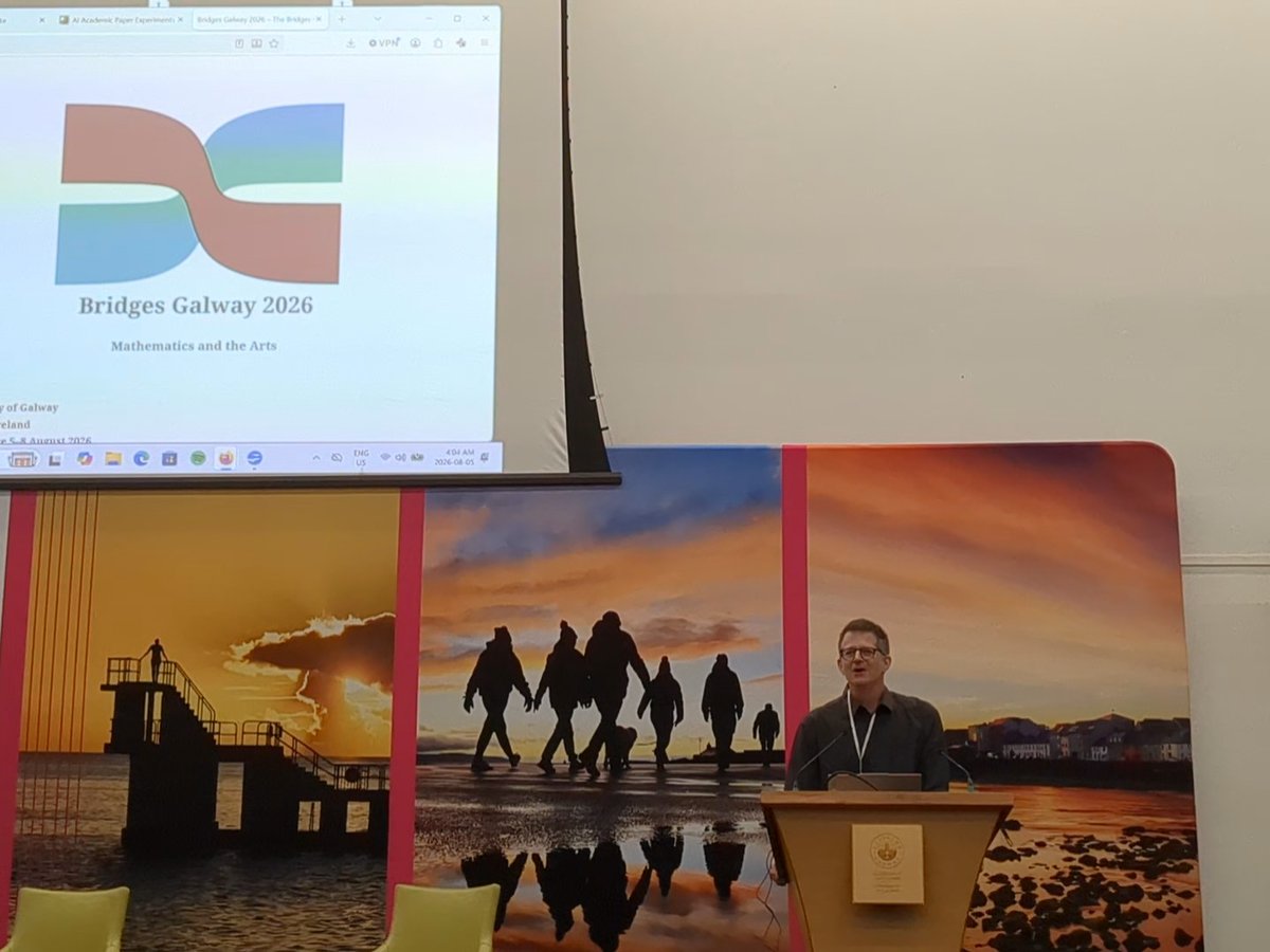 msmathcomp's tweet photo. We're kicking off this year's @BridgesMathart conference with warm welcomes by the former president of the Bridges organization, George Hart, the newly elected president, Craig Kaplan, local organizer Rachel Quinlan, and head of the #math school, Cathal Seoighe. #MathArt https://t.co/PcrSukjssA