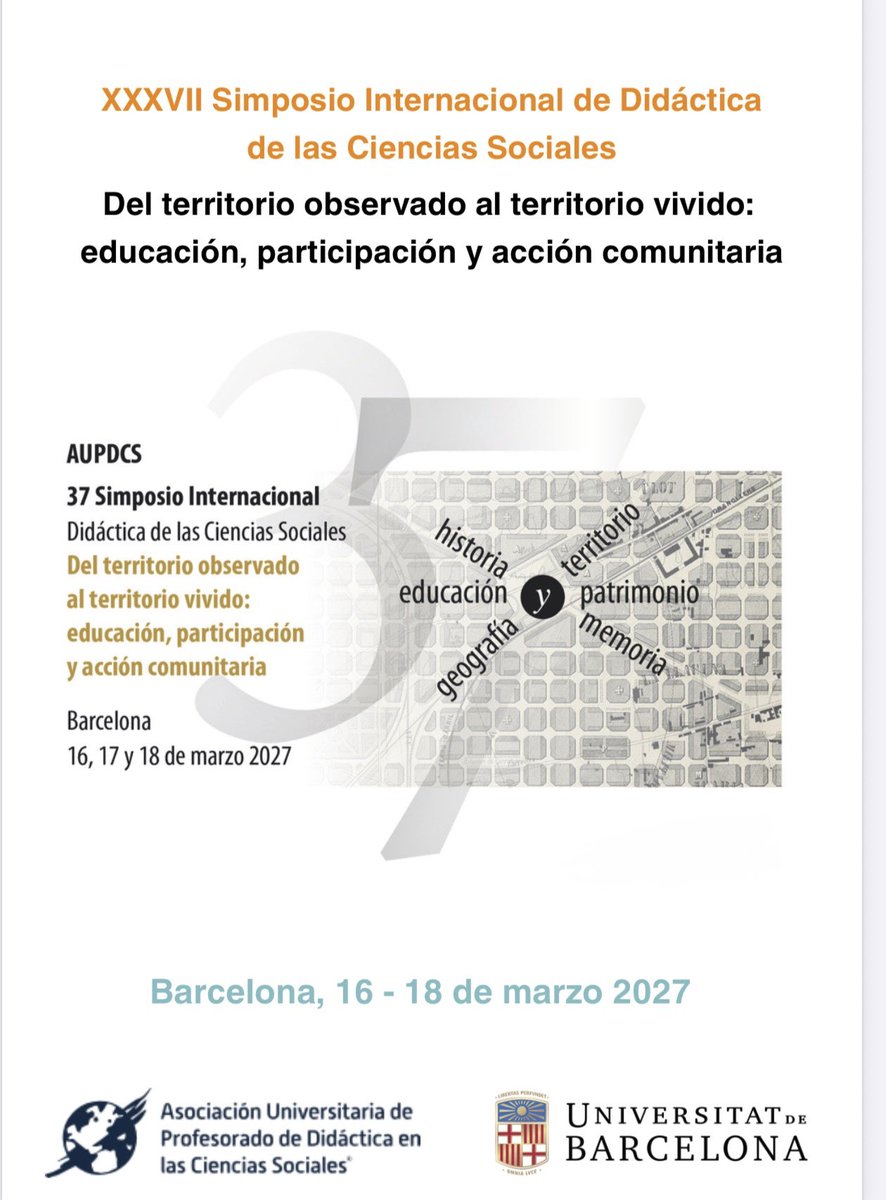 jrvaquero's tweet photo. Allí estaremos…..
La temática que propone la AUPDCS este año es interesantísima
XXXVII Simposio Internacional de Didáctica de las Ciencias Sociales
🗓️ 16–18 marzo 2027
“Del territorio observado al territorio vivido"
https://t.co/AJGJ3aNsw0..
#AUPDCS
#37Simposiodcs
#Barcelona https://t.co/EIIPCdZE0T