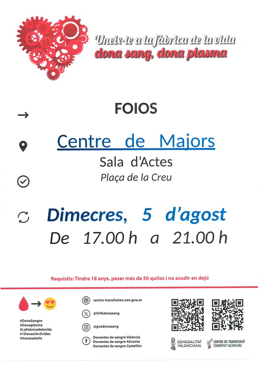 GVAdonasang's tweet photo. Dona sang a #Foios
📅dimecres #5Agost

3 persones podran millorar la seua salut, gràcies a la teua generositat.

#DonaSang #DonaPlasma. 
Uneix-te a la Fàbrica de la vida❤ https://t.co/Jv6JKFvG5F