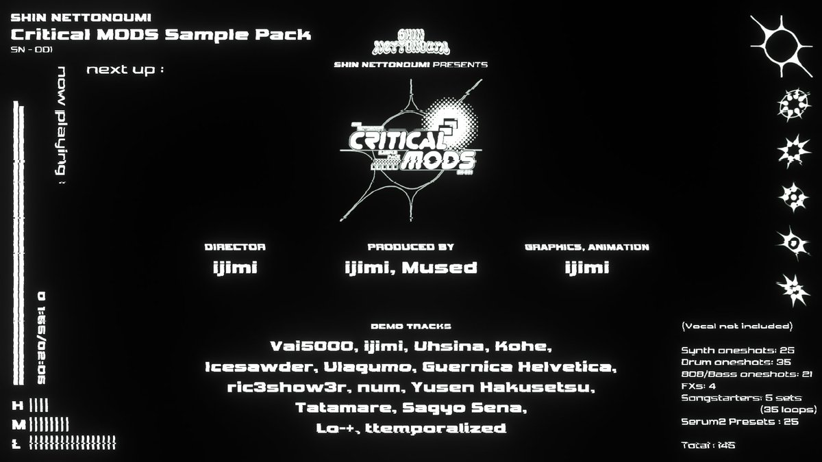 SHIN_NETTONOUMI's tweet photo. Critical MODS Sample Pack
Release: 8/7（金）
Genre: Hyperpop/digicore

金曜日に本サンプルパックのデモトラック14曲を公開します https://t.co/LCLnJaCKlp