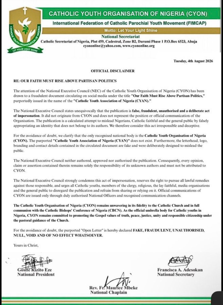 Tutsy22's tweet photo. – Fake primary school 
– Fake youth picture 
– Fake state of origin 
– Fake age 
– Fake university certificate 
– Fake employment 
– Fake election 
– Fake bishops 
– Fake agency 

Now they’ve even formed a fake Catholic Youth Association.

@officialABAT is an Oluwole President. Everything about him is forged!