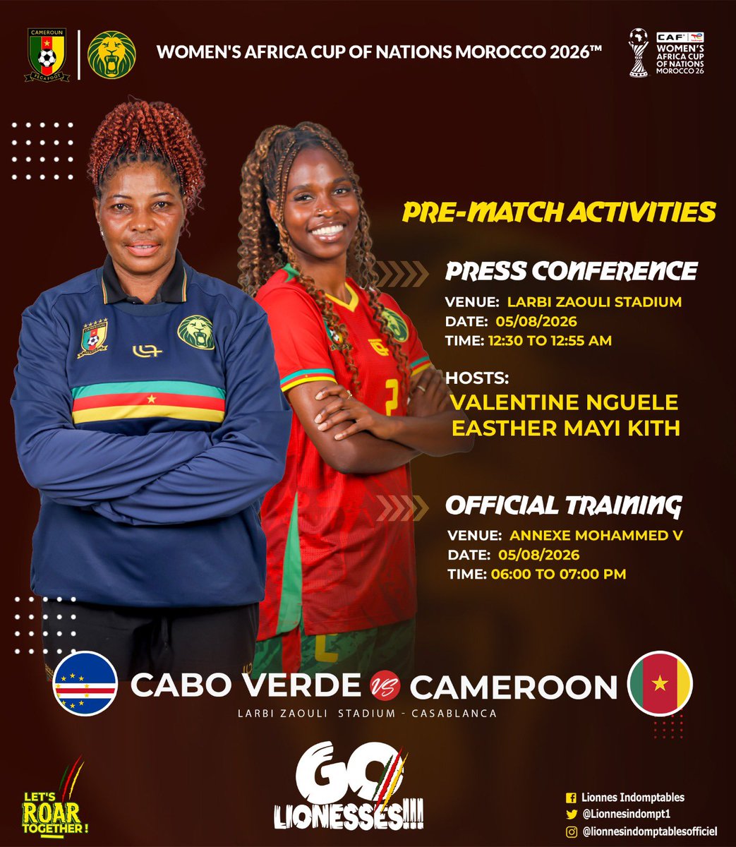 LionnesIndompt1's tweet photo. ⚽️⚽️🔥
PRE-MATCH ATIVITIES
#CABOVERDE 🇨🇻 🆚 🇨🇲 #CAMEROUN
📆 06/8/2026
⏰ 21H00
🏟️ Stade Larbi Zaouli
📍 Casablanca - Maroc
#WAFCON2026 | #CBVCMR | #GOLIONESS | #ALLEZLESLIONNES | #LETSROARTOGETHER
| #INDOMPTABLES | https://t.co/ZICYjh4aiO