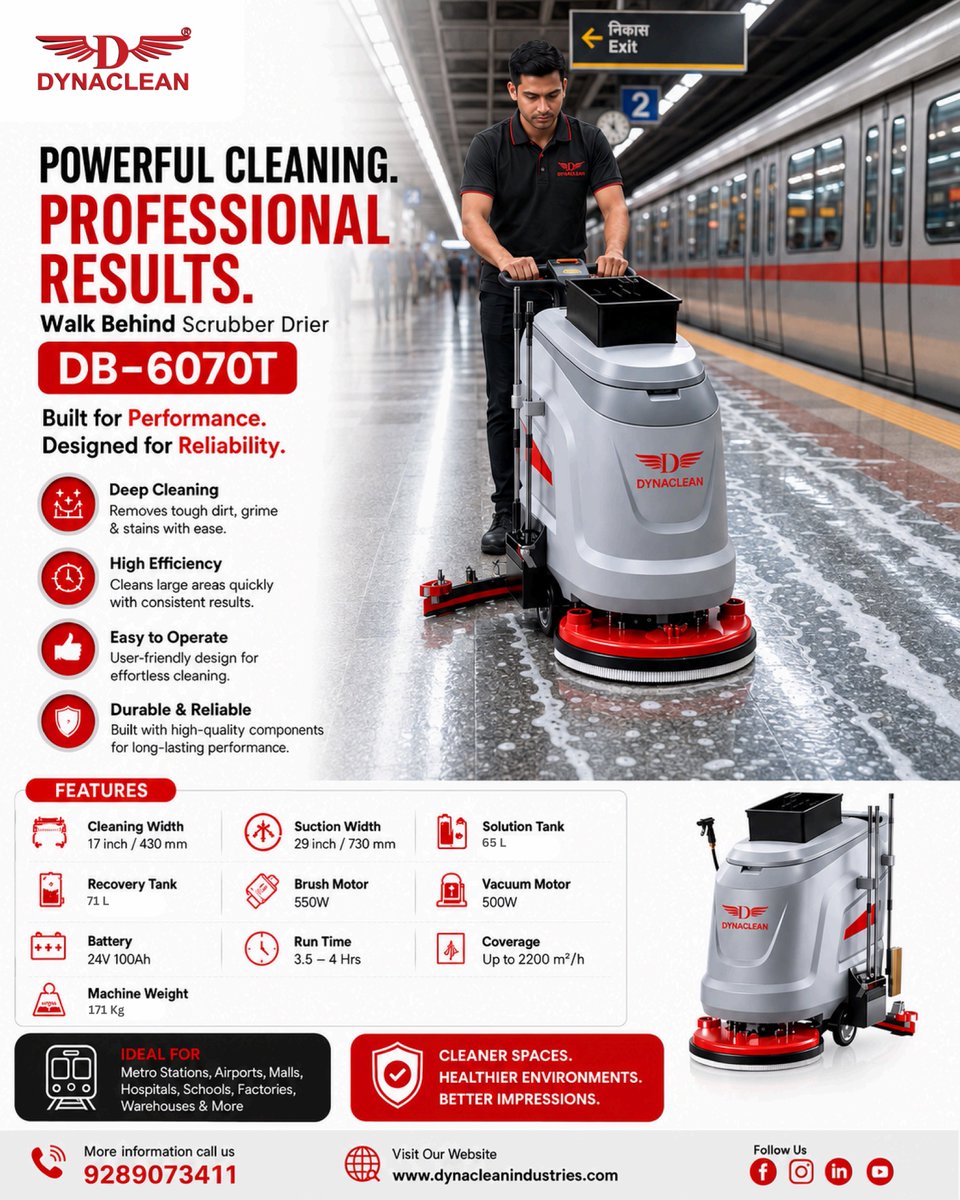 Dynaclean01's tweet photo. ✨ Powerful Cleaning. Professional Results. ✨
Dynaclean DB-6070T Walk Behind Scrubber Drier
✅ Deep Cleaning Performance
✅ Covers up to 2200 m²/hour
Deliver spotless floors with every pass. 💪🧼
📞 Call us: 9289073411
#Dynaclean #WalkBehindScrubber #ScrubberDrier #SmartClean https://t.co/ZpVxMNmOzG