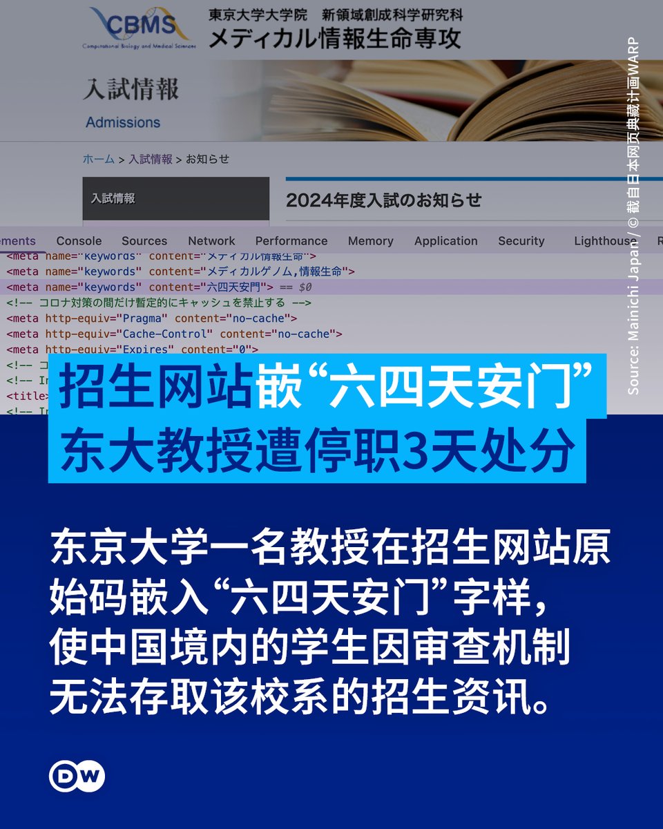 dw_chinese's tweet photo. 日本东京大学一名教授在招生网站原始码中嵌入“六四天安门”字样，引发排除中国申请者的争议。东京大学周二（4日）宣布，已对涉事教授实施惩戒处分。

涉事教授2024年被发现，在该校新领域创成科学研究科“医疗资讯生命科学系”网站的英文首页及招生资讯页面程式码中，写入关键字“六四天安门”，可能导致网站触发中国的网路审查机制，无法在中国境内存取。该教授疑似意图使中国留学生无法浏览该校系的招生资讯。

据日媒《每日新闻》报导，东大校方展开调查后，认定该教授失职，今年7月29日对其处以停职3天的惩戒处分，但未公布其真实意图。东京大学副校长山本隆司声明强调，身为教职员，涉事教授的作法“绝不可接受”。

台湾印太战略智库执行长矢板明夫4日在社群平台发文评论指，此案的“荒谬”之处是，“如果中国没有世界上最严密的网路审查，‘六四天安门’这五个字根本不会具有任何‘特殊功能’，更不可能影响一所外国大学的招生网站。”

此外，矢板明夫认为，该教授的不当行为，背后可能反映了日本和欧美学术界对于录取中国学生可能存在研究机密外流风险的焦虑。东京大学学生经营的《东大新闻》去年亦曾发表跟此案有关的文章，提及部分意见担忧“与中国共产党有关的人员混入留学生群体”，或是“留学生被要求充当间谍”的疑虑。

根据东京大学公开资料，截至今年5月，该校外籍学生之中，来自中国的学生约占比六成。

疑似有“中国间谍”窃取学术机密的说法，近年受到日、韩、欧美等国讨论。美国斯坦福大学保守派学生媒体《史丹佛评论》去年调查指出，中国国家留学基金管理委员会资助约15%在美就学的中国学生，要求他们定期向中国使馆提交其研究的“情况报告”。美国总统特朗普上次任内曾推出“中国行动计画”；但也有学界人士担心，专门针对中国人搜查间谍之举可能有歧视性，且不利于美国的学术交流及研究竞争力。

中国外交部对于“中国间谍”的说法多次否认，强调中国“一贯坚决反对间谍活动”，呼吁各界“停止抹黑”。