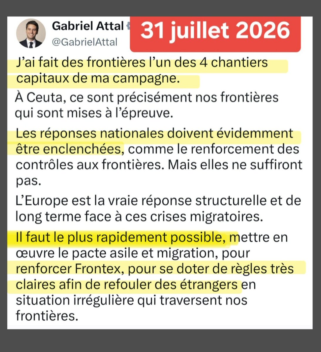 f_asselineau's tweet photo. 🤡 𝗔𝗧𝗧𝗔𝗟,𝗟𝗘 𝗙𝗔𝗨𝗫 𝗗𝗘𝗥𝗖𝗛𝗘
𝗘𝗦𝗖𝗟𝗔𝗩𝗘 𝗗𝗘𝗦 𝗠𝗘𝗗𝗜𝗔𝗦
🛬 On l'a déjà vu sur les feux de forêts : après avoir supprimé l'achat de 2 Canadairs en février 2024, il s'indigne du manque de Canadairs en juillet 2026, au vu des incendies en Gironde. 
⚠️ Mais cette indignation surjouée ne l'empêchera nullement de faire un nouveau salto arrière, et de vouloir supprimer des Canadairs en janvier, lorsque les médias se focaliseront sur la situation financière cataclysmique de la France.

🛃 Pareil sur l'immigration : après avoir jugé «pas totalement prioritaire» une nouvelle loi plus sévère en octobre 2024, il exige, au vu des images de Ceuta, d'agir «le plus rapidement possible» en juillet 2026.
⚠️ Mais un petit coup de fil du fils Soros en février et voilà que Gaby filera doux et entonnera le narratif de la nécessité «d'accroître l'immigration légale dans le cadre maîtrisé et indispensable de l'Union européenne».

------------------
COMMENTAIRES
------------------
Ces revirements à 180° prouvent qu'Attal calque son discours politique au jour le jour sur les événements mis en avant par les médias et les indignations du public qu'ils provoquent, sans le moindre souci d'analyse approfondie, de réflexion, de rectitude, de constance et de cohérence.

Incompétent et immature, profondément irresponsable, narcissique et démagogue vibrillonnant au dernier degré, il est prêt à lécher le dessous des bottes du moindre oligarque pour devenir un «président de la République» en toc, vidé de tout pouvoir et de toute dignité.

Il se voit sous les traits d'un nouveau Bonaparte alors qu'il n'est au fond qu'un fils à papa des beaux quartiers, d'une affreuse banalité.

S'il était élu à l'Élysée, ce larbin de l'oligarchie euro-atlantiste ne ferait bien sûr strictement rien de toutes les fadaises qu'il lance à tout va, pendant sa campagne électorale. Il ne ferait qu'appliquer servilement les décisions de l'UE, de la BCE et de l'OTAN.

---------------
CONCLUSION
---------------
Aux dernières nouvelles, un sondage prétend qu'il serait devenu «le 3e homme politique préféré des Français».

C'est bien entendu un sondage bidon.

Il suffit à tout un chacun de demander à son entourage familial, amical ou professionnel ce que les gens pensent d'Attal, et l'on est vite édifié. Pour 90% des Français, c'est un clown, et je reste poli.

Mais ce faux sondage, probablement payé assez cher, vise à influencer tous les naïfs qui croient encore que nous sommes en démocratie et que tous les candidats sont traités sur un pied d'égalité par les médias et les instituts de sondage.

-------