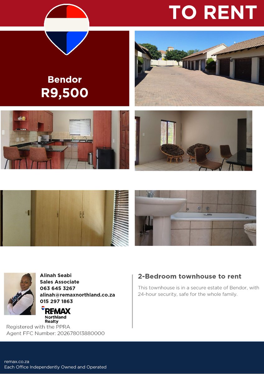 NorthlandR25768's tweet photo. https://t.co/HBMWQV5VTE
Discover this charming 2-bedroom townhouse nestled in a secure estate in Bendor, offering 24-hour security for complete peace of mind.
#TownhouseForRent #SecureEstateLiving #FamilyHome #CornerUnit #RentalHome https://t.co/c6zOSDGoJ8
