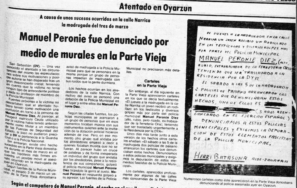 josepramonbosch's tweet photo. Manuel Peronié fue asesinado en Oiartzun el 5 agosto de 1983 por ETA. Era un joven donostiarra de 27 años, policía municipal, que fue amenazado por “Herri Batasuna” unos días antes. Ayer, 4 de agosto, los herederos de los asesinos exhibían  impudicamente en Vitoria su victoria. https://t.co/MHky7w2ZZ1