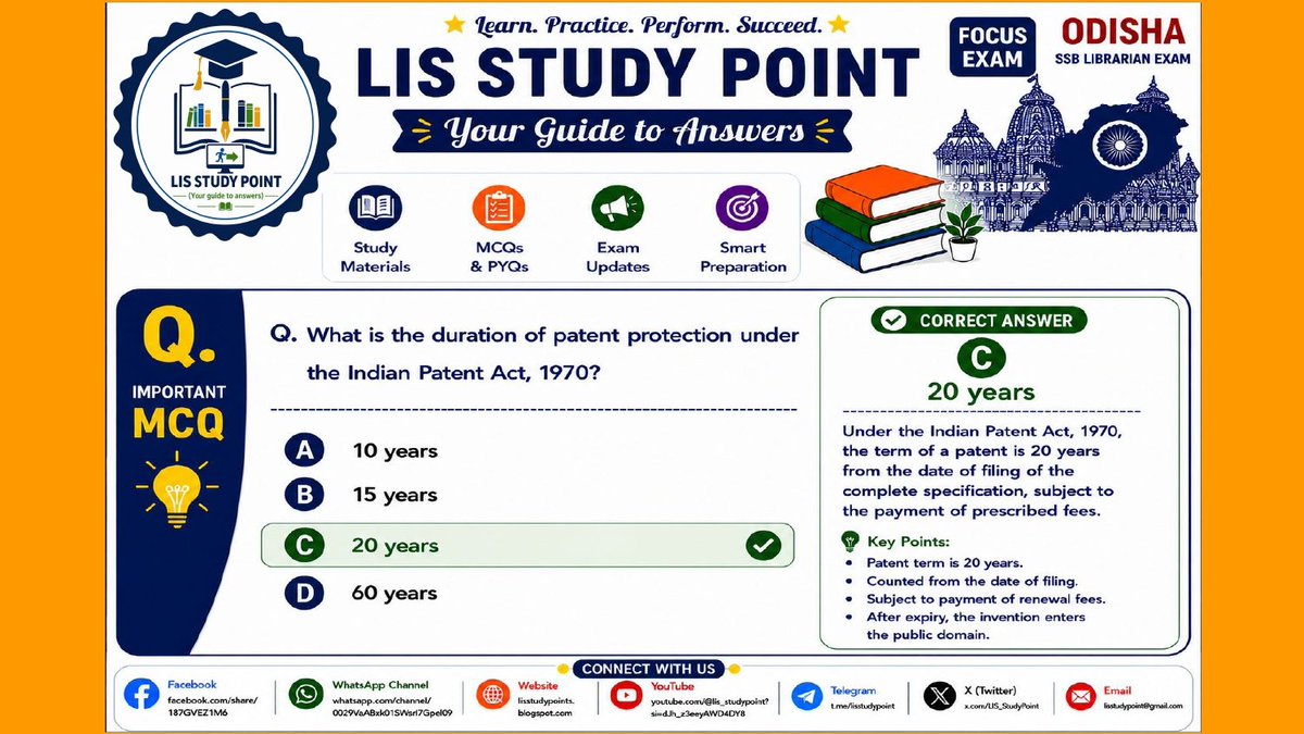 LIS_StudyPoint's tweet photo. 📚 LIS MCQ of the Day
Q. What is the duration of patent protection under the Indian Patent Act, 1970?
✅ Answer: 20 Years
A must-know IPR fact for UGC NET (LIS), Odisha SSB, and other Librarian recruitment exams.
#LISStudyPoint #LISMCQ #PatentAct1970 #Patent #IPR #LibraryScience https://t.co/xTwUbc3vv2