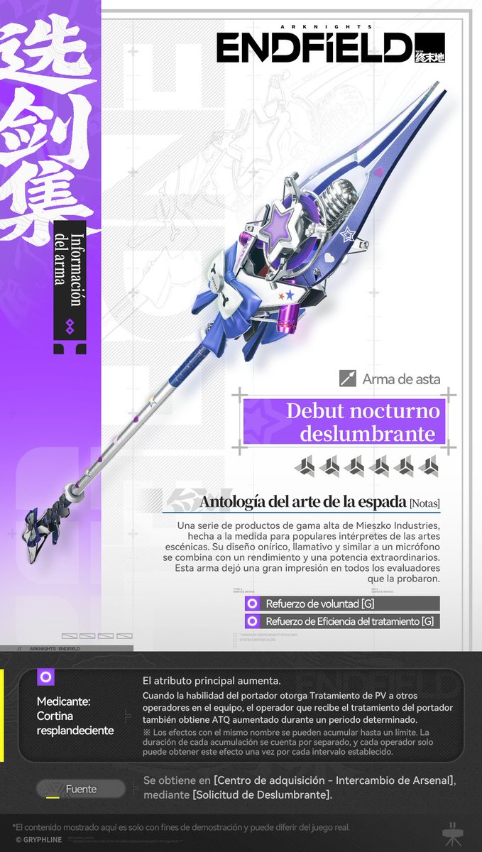 AKEndfieldES's tweet photo. Información del arma | Debut nocturno deslumbrante (Arma de asta)

Una serie de productos de gama alta de Mieszko Industries, hecha a la medida para populares intérpretes de las artes escénicas. Su diseño onírico, llamativo y similar a un micrófono se combina con un rendimiento y una potencia extraordinarios. Esta arma dejó una gran impresión en todos los evaluadores que la probaron.

#ArknightsEndfield #Endfield #CompanionshipCelebration