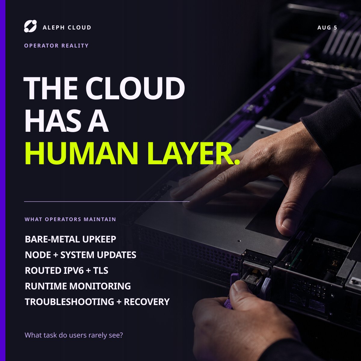 aleph_im's tweet photo. Decentralized cloud still has a human layer.

CRN operators maintain bare metal, node software, routed IPv6/TLS, runtime monitoring, and recovery.

Operators: which task is least visible to users?

Editorial illustration, not a photographed operator. https://t.co/KzMR36H1xE