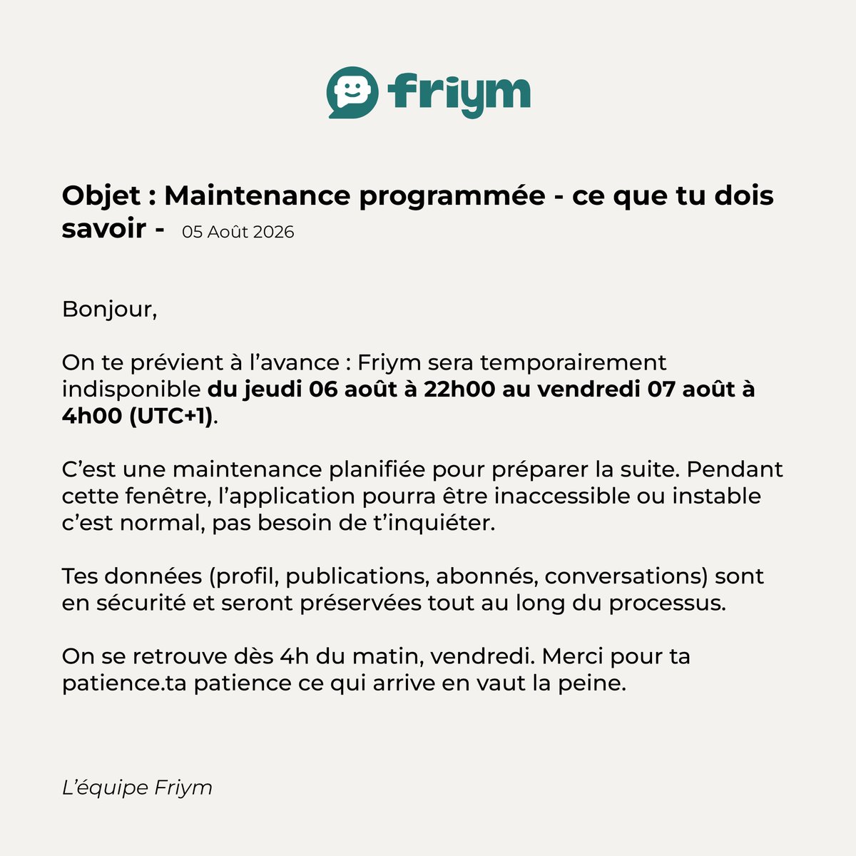 getfriym's tweet photo. Maintenance programmée https://t.co/G56sNJF5Du