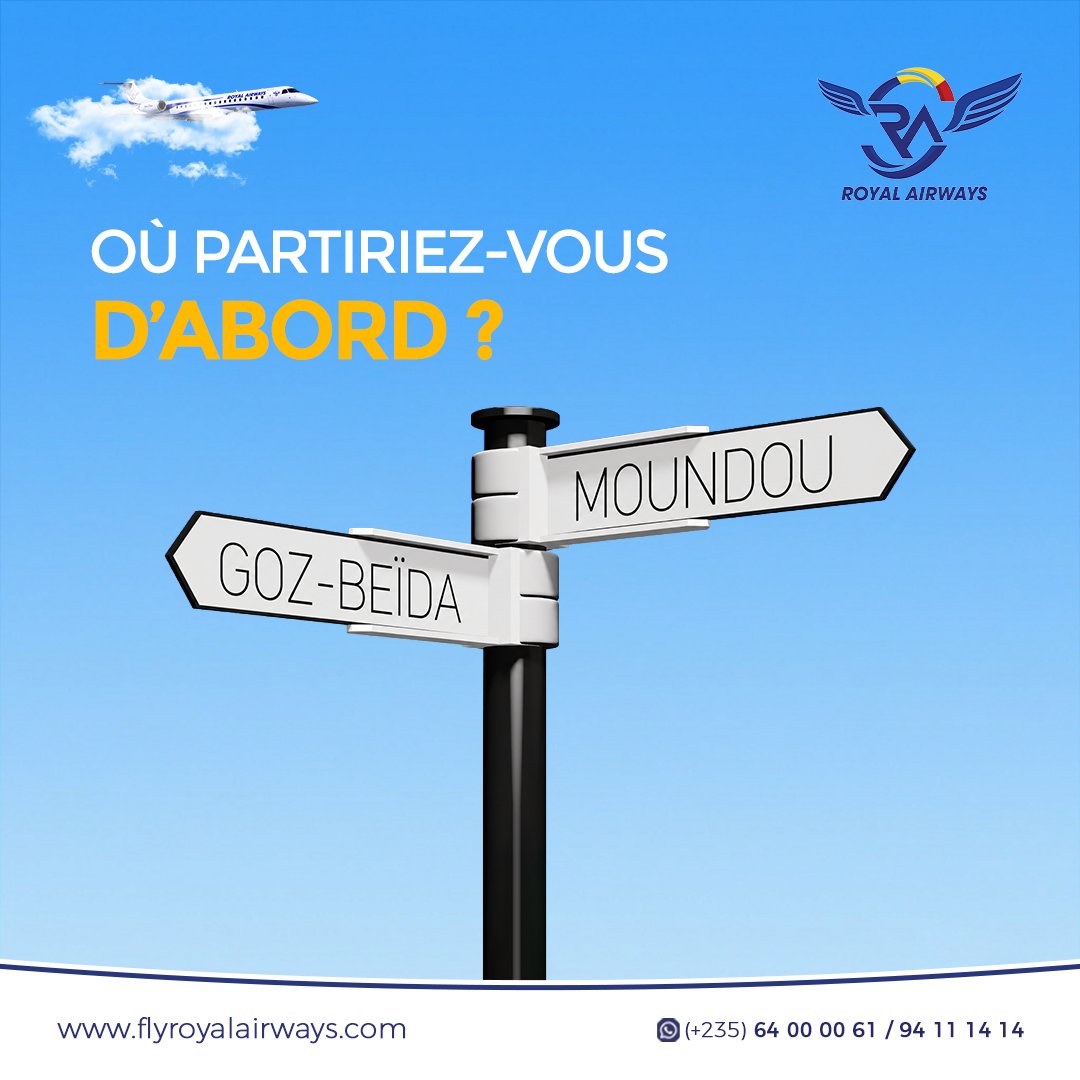 Royalairwaystd's tweet photo. ✈️🇹🇩 Moundou ou Goz-Beïda ?
Si vous deviez choisir votre prochaine destination avec Royal Airways, laquelle serait-ce ?
Répondez simplement Moundou ou Goz-Beïda en commentaire. 👇
#RoyalAirways #Moundou #GozBeida #DestinationTchad #VoyagezTchadien https://t.co/cYeCCtx95V