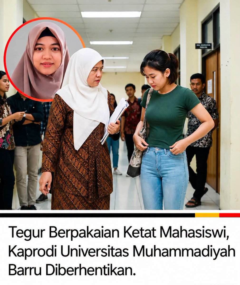 AH27802154's tweet photo. Ketua Program Studi (Kaprodi)
Bimbingan dan Konseling dan dosen
tetap Universitas Muhammadiyah
Barru, dijatuhi sanksi pemberhentian
tetap per Kamis, 31 Juli 2026.

Keputusan ini diambil rektorat usai
aksi Kaprodi menegur pakaian ketat
mahasiswi mendadak viral di medsos. https://t.co/rZdMnr1sbp