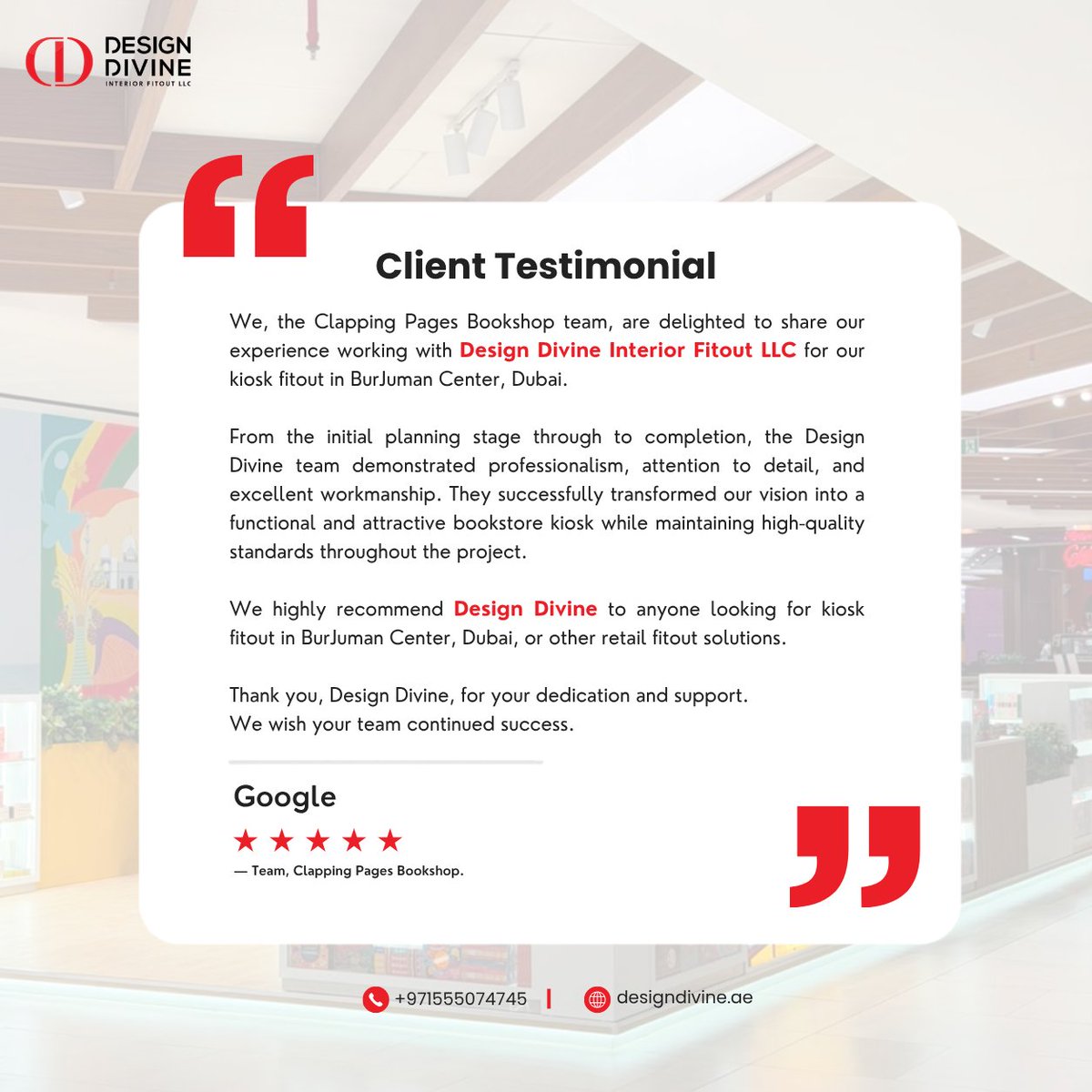 design_divine_'s tweet photo. Proud to deliver another successful kiosk fit-out. Thank you, Clapping Pages Bookshop, for your trust and support.
๐ https://t.co/GUpIq38oEW
#DesignDivine #Dubai https://t.co/ehlEhv0Mxk