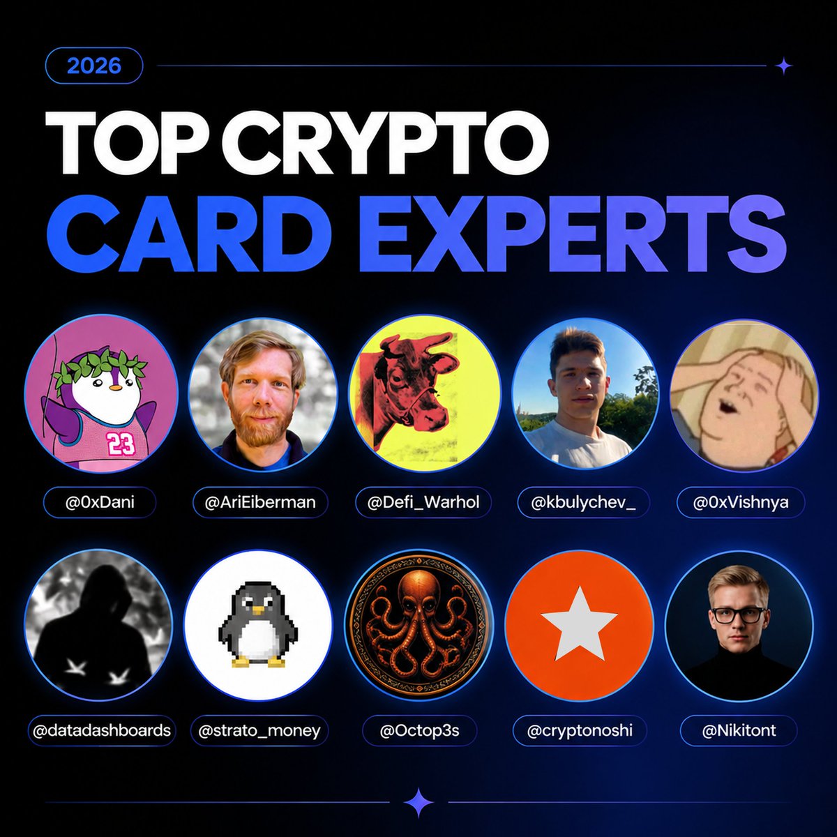 coca_card's tweet photo. Crypto Card Twitter in one image.

Legends. 🫡
@0xDani @AriEiberman @Defi_Warhol @kbulychev_ @0xVishnya @datadashboards @strato_money @Octop3s @cryptonoshi @Nikitont

Who did we miss? https://t.co/cYo4HBH2rc