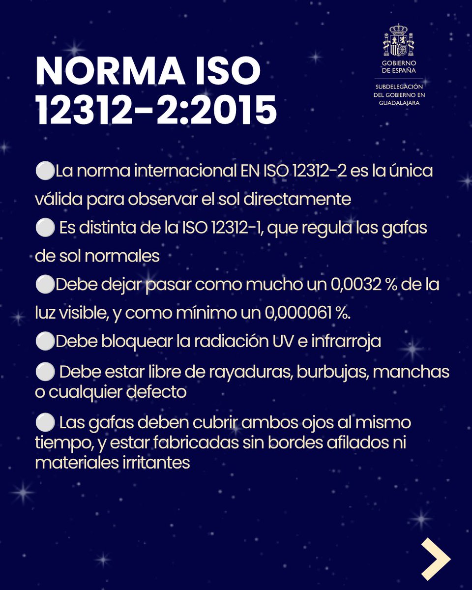 SubGobGU's tweet photo. 🌘 El #EclipseSolar Total del 12 de agosto será un momento único.

👓Para disfrutarlo con seguridad, utiliza únicamente gafas homologadas.

➡En este #hilo, te explicamos cómo reconocerlas: norma ISO, marcado CE y otros aspectos clave para proteger tu visión. https://t.co/sInqkkMGQb